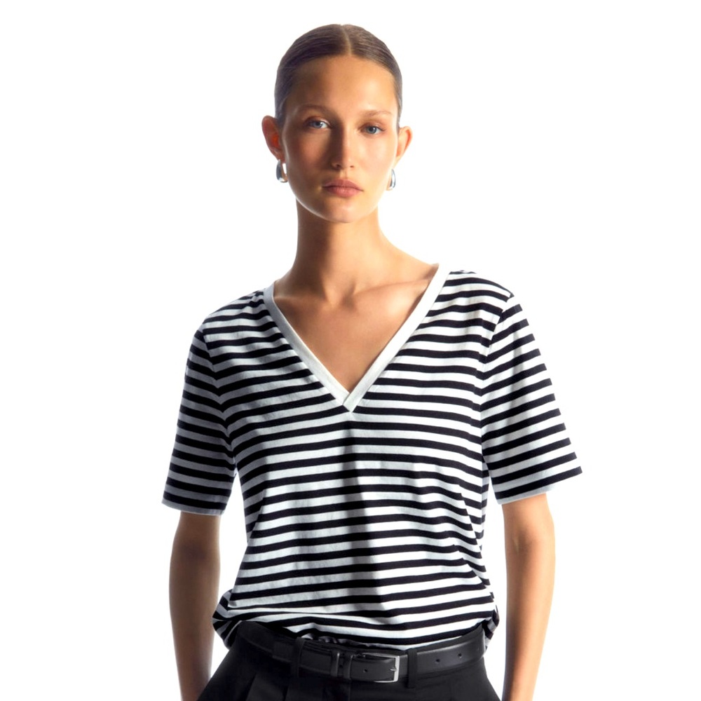 COS 24/7 V-NECK T-SHIRT Black & White Stripes